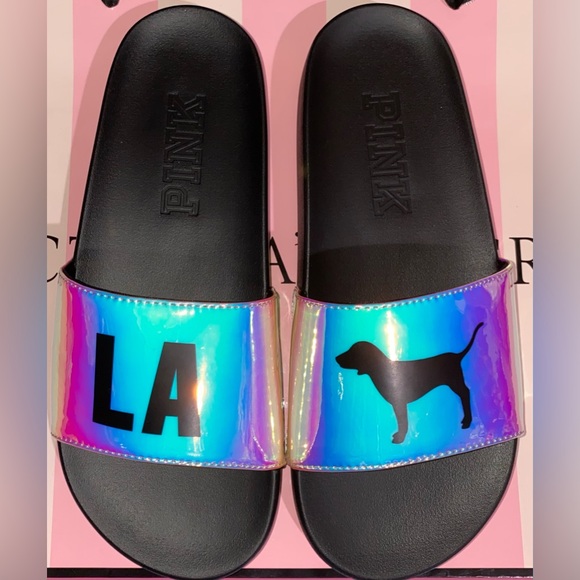 New Victoria's Secret PINK slides iridescent flip flops VS pink dog sandals LA - Picture 1 of 5